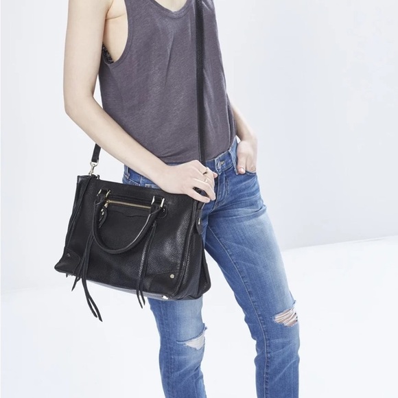 Rebecca Minkoff Black Textured Grain Leather Regan Satchel Shoulder Fringes Bag​ - Picture 12 of 12